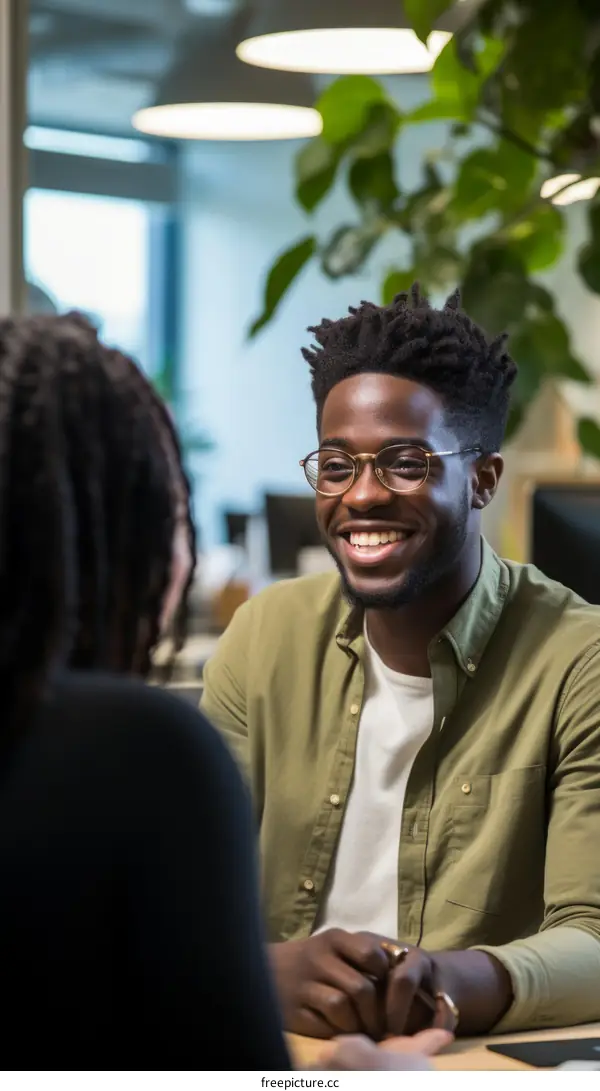 Smiling man and woman having conversation in office