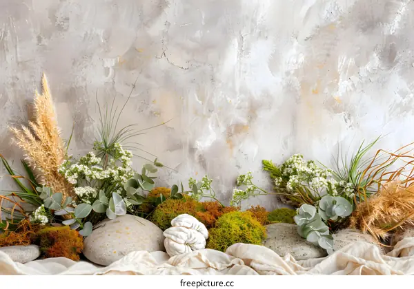 Natural Elements with Stone and Fabric on Rustic Background