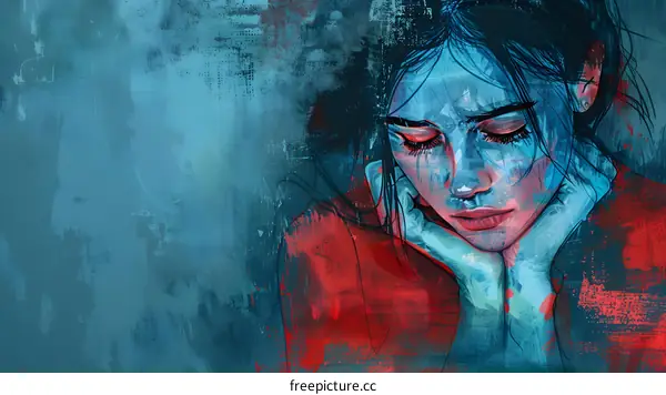A painting of a sad woman with blue skin and red hair