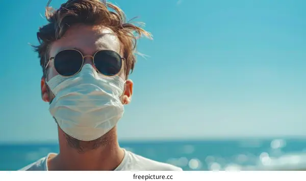 man wearing a surgical mask on the beach
