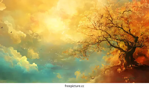 Golden Tree Against A Colorful Sky