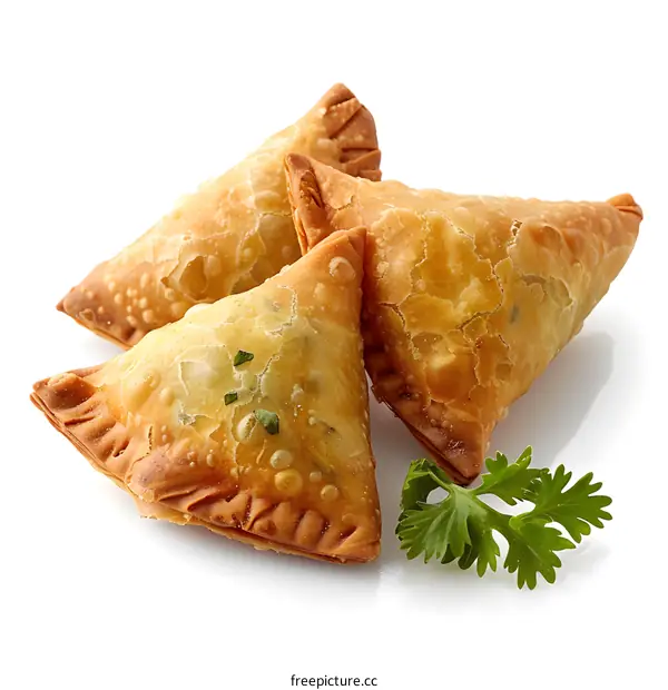 Three Crispy Samosas on White Background