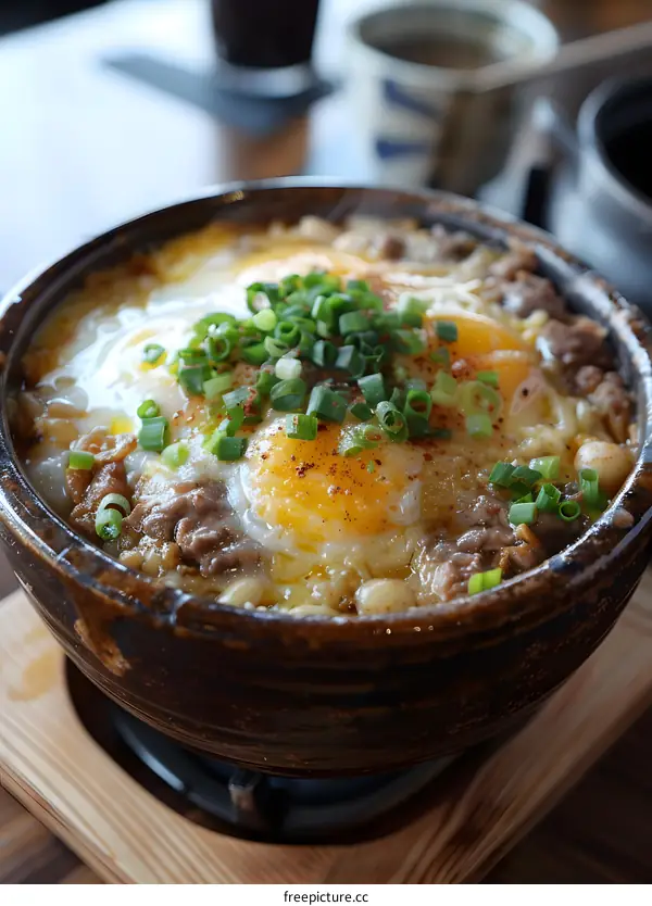 A delicious dish of beef and eggs in a hot stone bowl