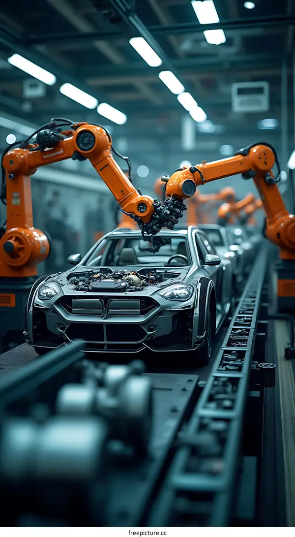Assembly Line Robots Building Cars In Factory