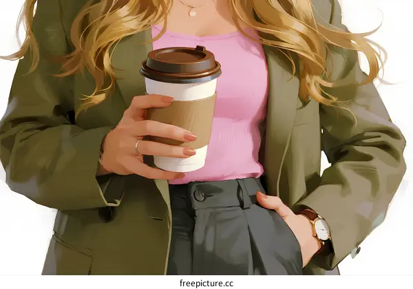 A Woman in Fashionable Blazer Holding a Coffee Cup