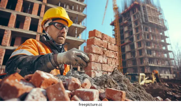 Construction worker laying bricks at a building site