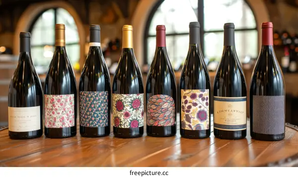 Different bottles of red wine on a wooden table