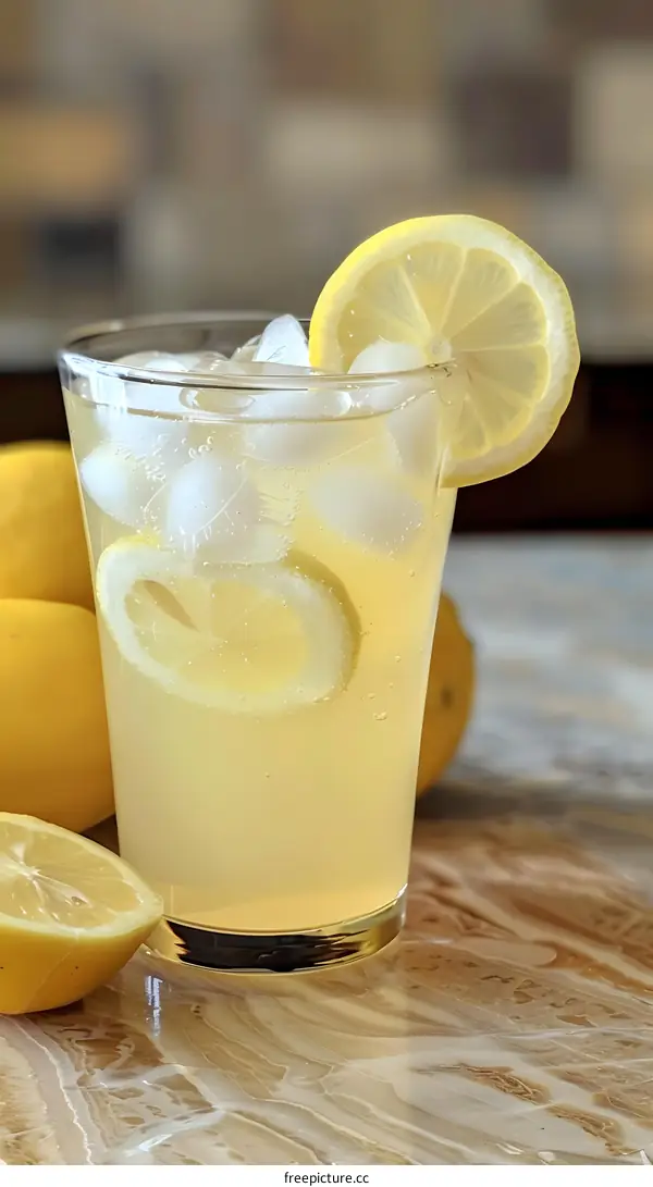 Glass of Lemon Soda With Ice and Lemon Slice