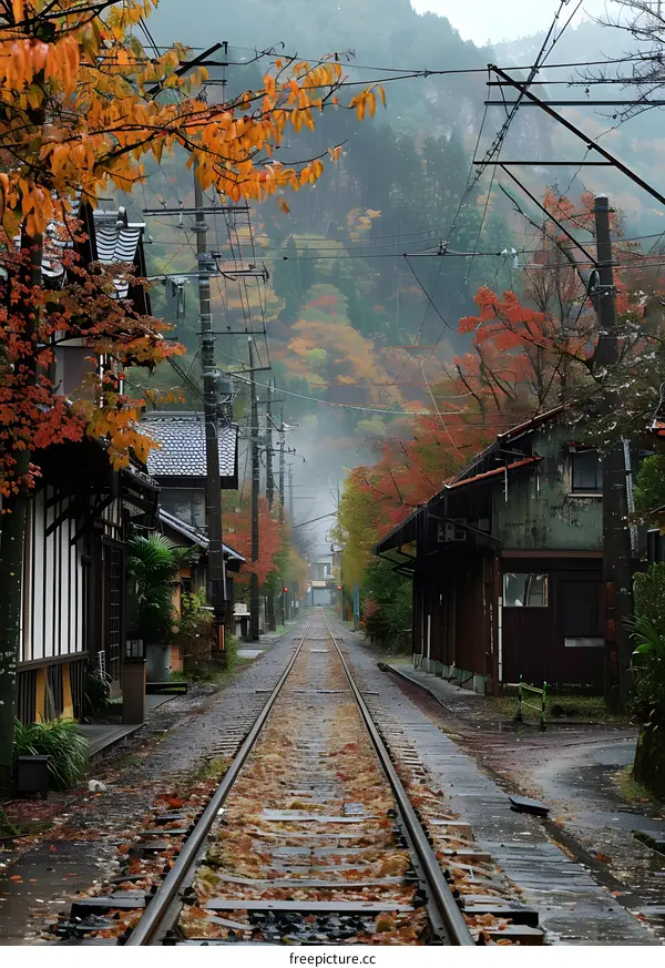 Railway tracks through an autumnal village