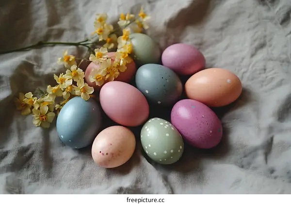 Colorful Easter Eggs on a Light Gray Linen Cloth