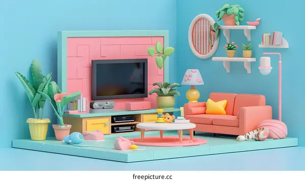A 3D rendering of a living room with a TV, sofa, coffee table, and plants.