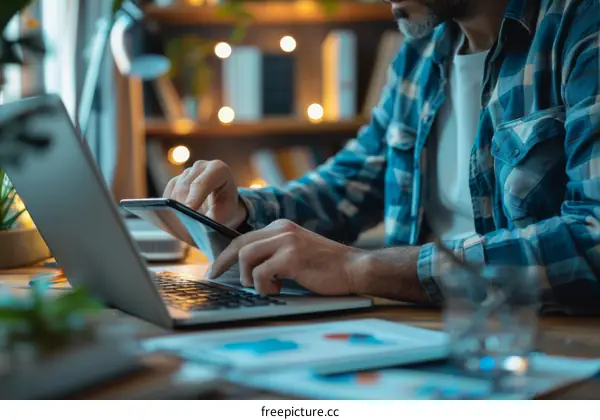 Businessman using laptop and smartphone working from home