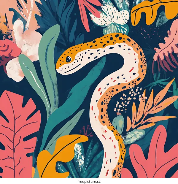 Jungle Snake with Colorful Leaves and Flowers