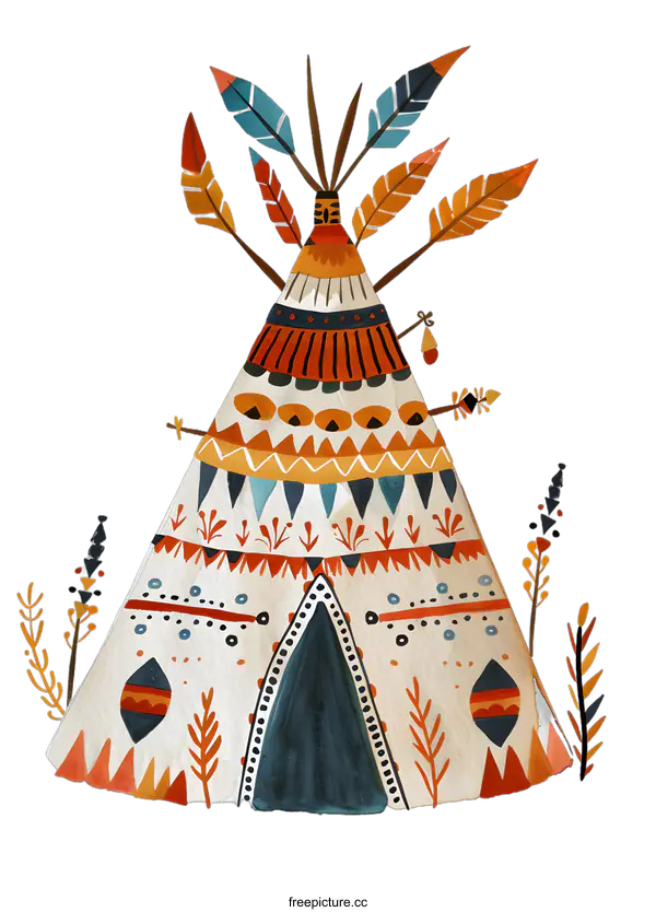 [Transparent Background PNG]Watercolor Illustration of a Colorful Teepee