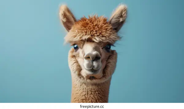 A fluffy brown alpaca looking at the camera with a curious expression on its face