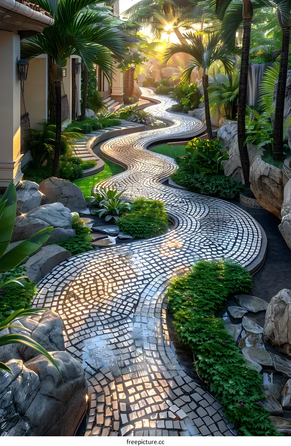 Garden landscape design_The winding cobblestone path