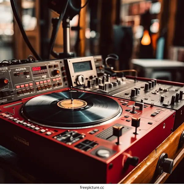 A DJ turntable with a vinyl record on it.