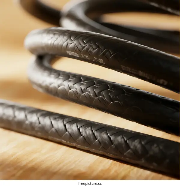 Close-up view of black coiled rubber hoses with textured surface