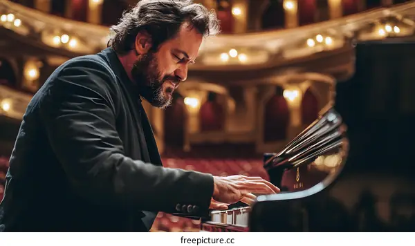 Man Playing Piano in Concert Hall