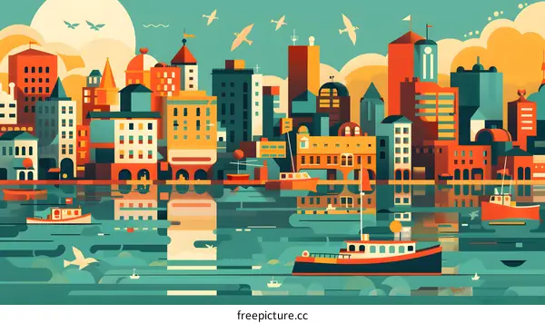 Cityscape Illustration with Boats and Seagulls