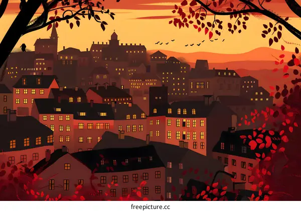 Autumn Cityscape Illustration with Red Leaves