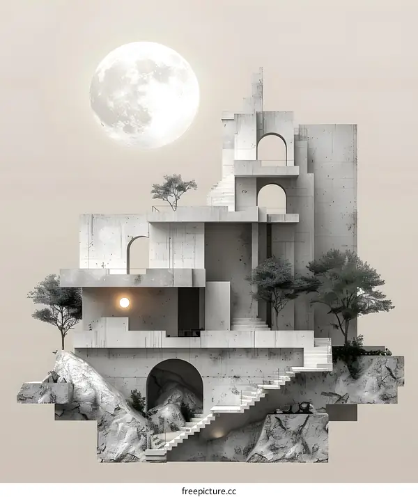 Concrete building exterior with large moon in background