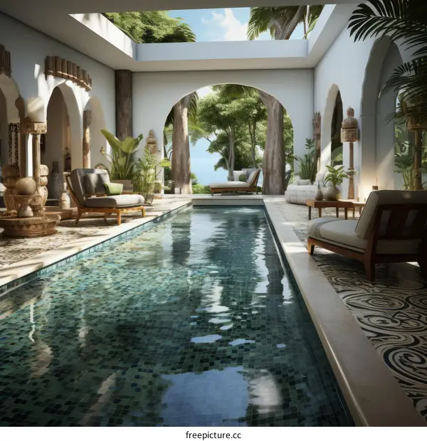 A luxurious swimming pool in a tropical villa with a view of the ocean