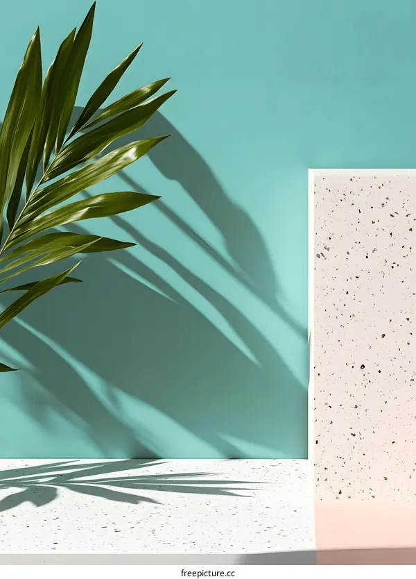 Minimalist  Palm Leaf  Shadow  on Turquoise  Wall  Background