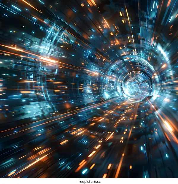 Blue and orange glowing technology tunnel