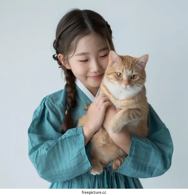 Little Asian girl in a blue dress holding an orange cat