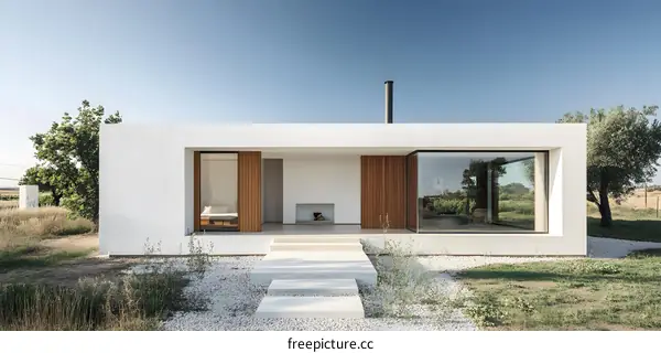 Modern White House with Large Windows and Concrete Steps