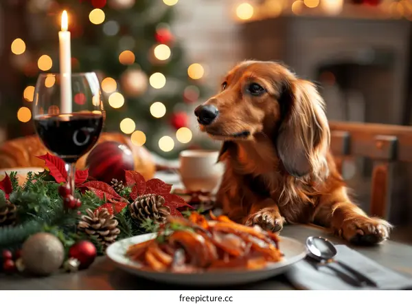 dachshund dog sitting at a table with a plate of food and a glass of wine