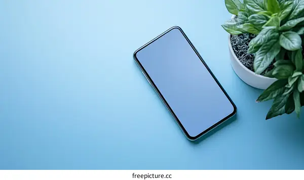 Blank Screen Smartphone with Green Plant on Blue Background