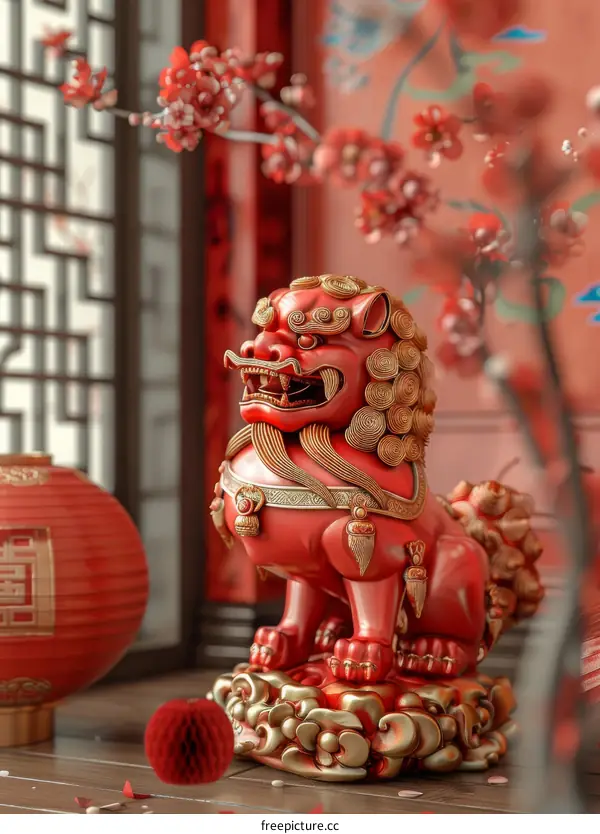 Traditional Chinese New Year Guardian Lion Statue Decoration