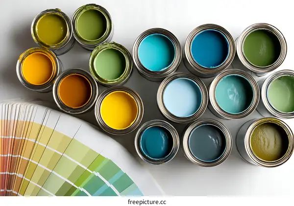 Various Colors of Paint Cans and Color Chart