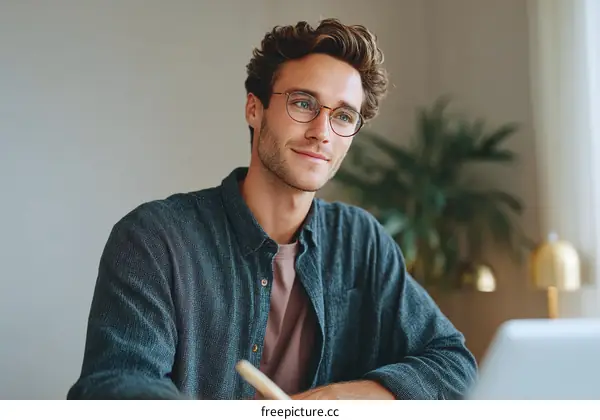 Young Man Concentrating on Work at Home