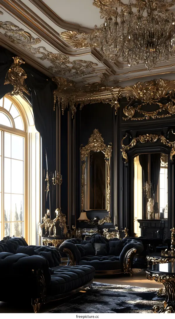 Black And Gold Interior Design With Gold Trim And Chandelier