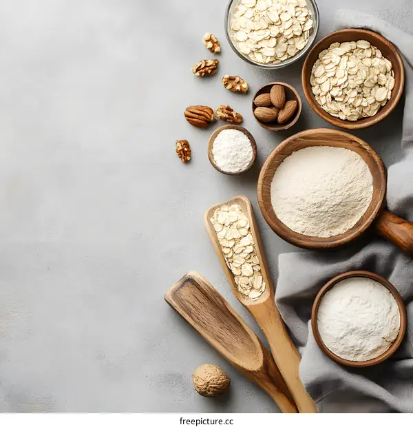 Oatmeal, Flour, Nuts, and Wooden Spoons on Gray Surface