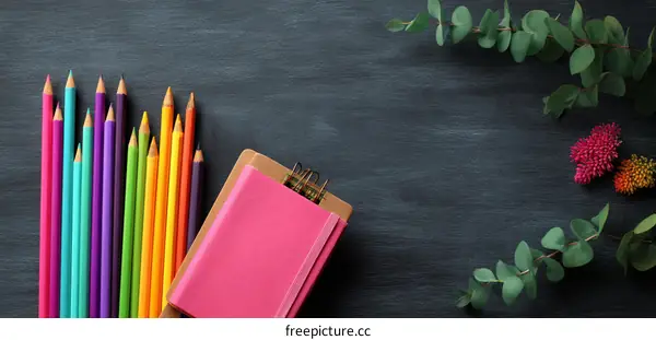 Colorful Pencils and a Notebook on Dark Wooden Table