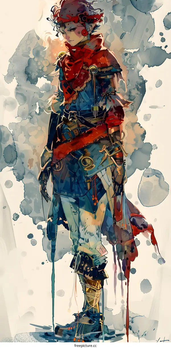 Watercolor Illustration of a Young Person with Red Scarf and Blue Clothes