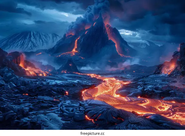 Lava Flowing Down a Mountainside During a Volcanic Eruption