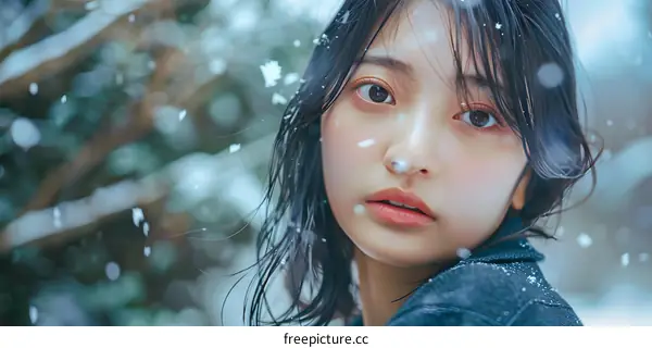 Young Asian Woman in Winter with Snowflakes