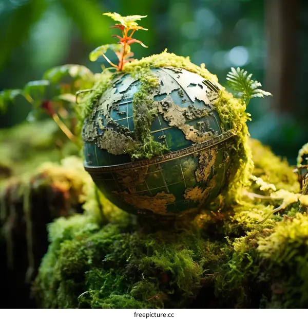 Moss-covered globe in lush green forest