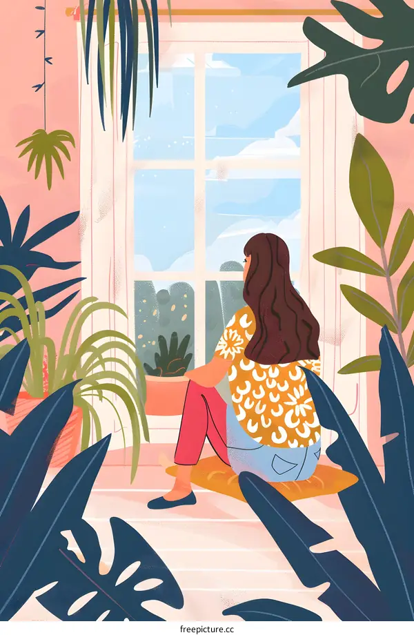 Woman Sitting By Window Looking Outside