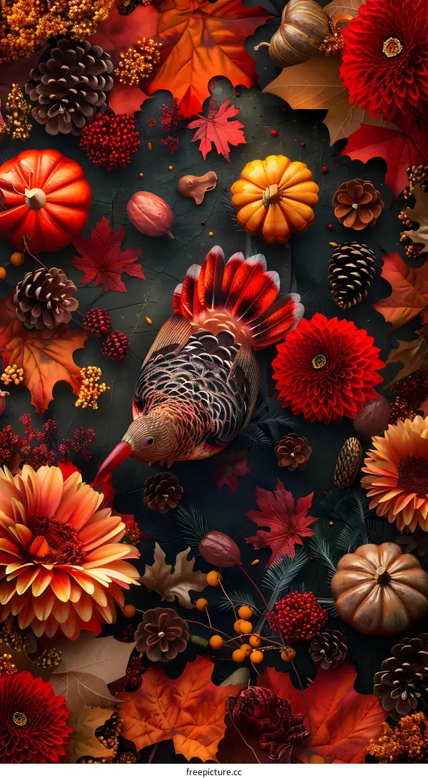 A Thanksgiving cornucopia with a turkey, pumpkins, and flowers.