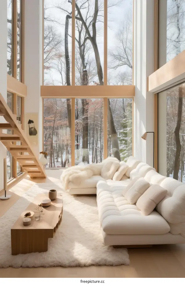 A modern living room with a large window looking out onto a snowy forest