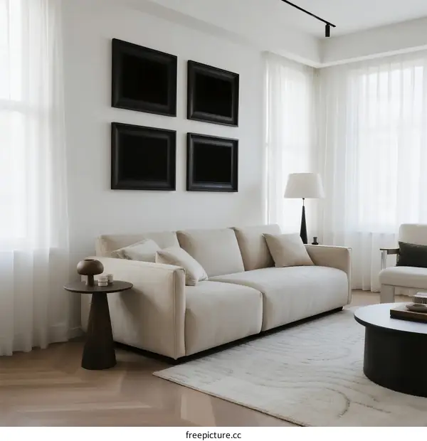Modern Living Room with White Sofa and Decorative Wall Frames