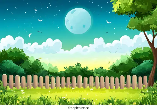 Night Sky with a Full Moon and a Fence in a Green Garden