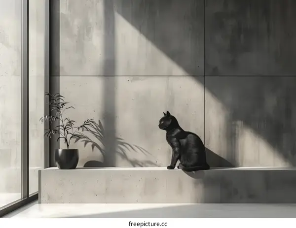 Black cat sitting on a concrete ledge next to a potted plant