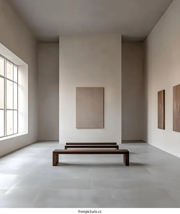 Minimalist Interior Design with Wooden Benches and Paintings